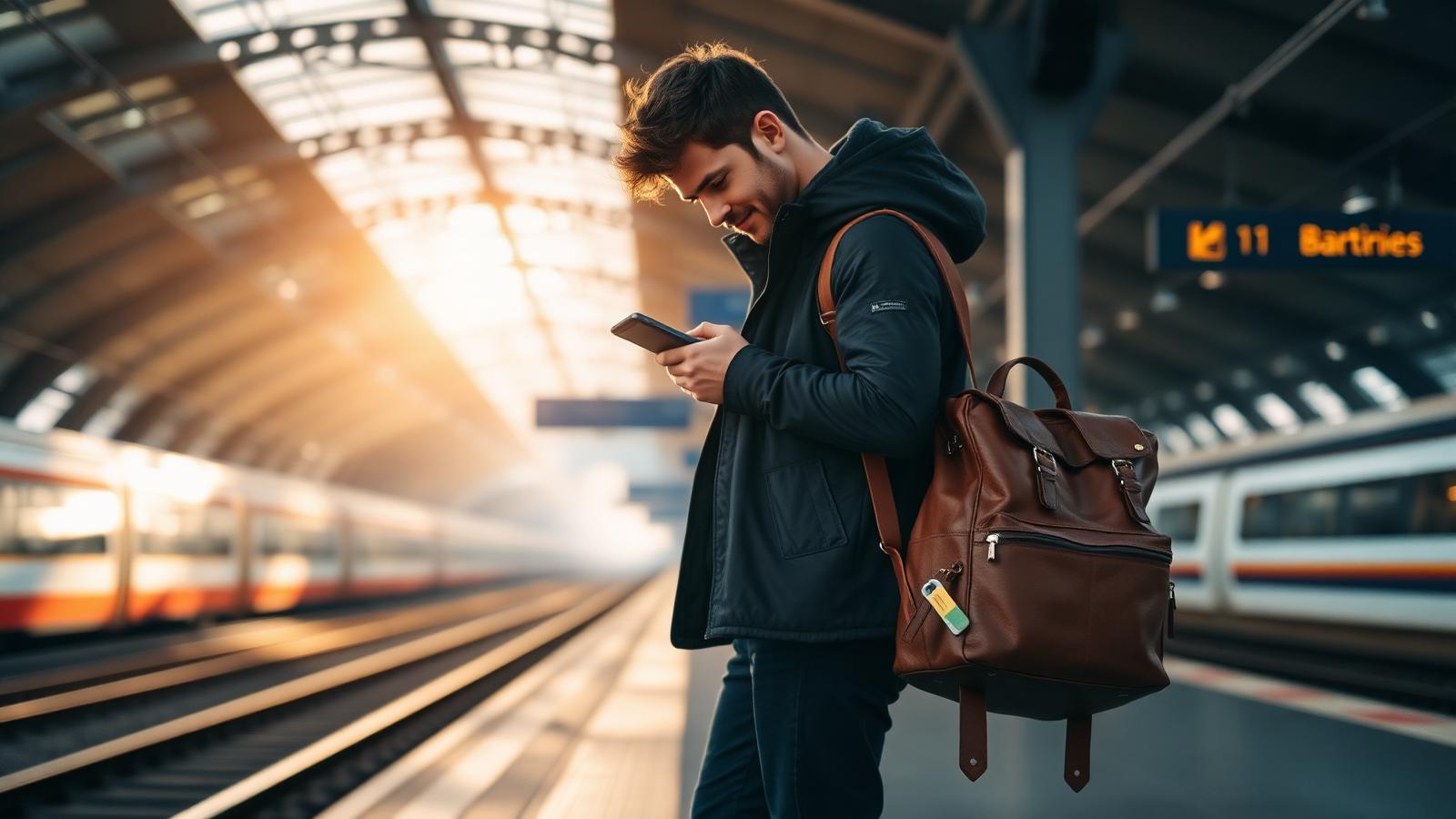 Reisender neben seiner Tasche am Flughafen, blickt auf sein Smartphone